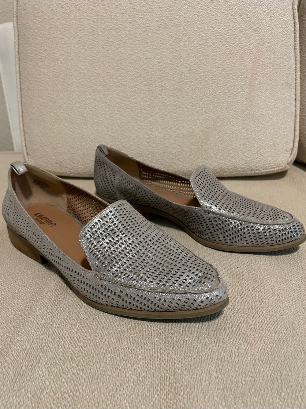 Crown Vintage Metallic Silver Perforated Slip-On Loafers. Size 8.5.